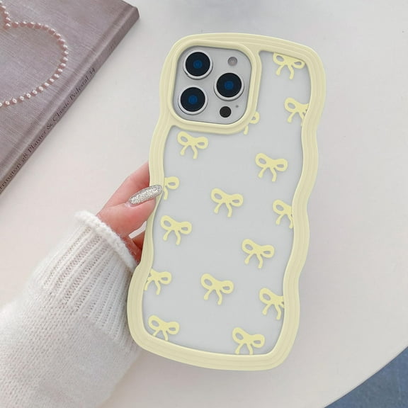 PLUMYHG-Bow Case for iPhone 15 Pro Max, Clear Cute Ribbon Bow Phone Case Curly Wavy Aesthetic Phone Case, Slim Soft Transparent Shockproof Protective Cover for Women Girls - Yellow