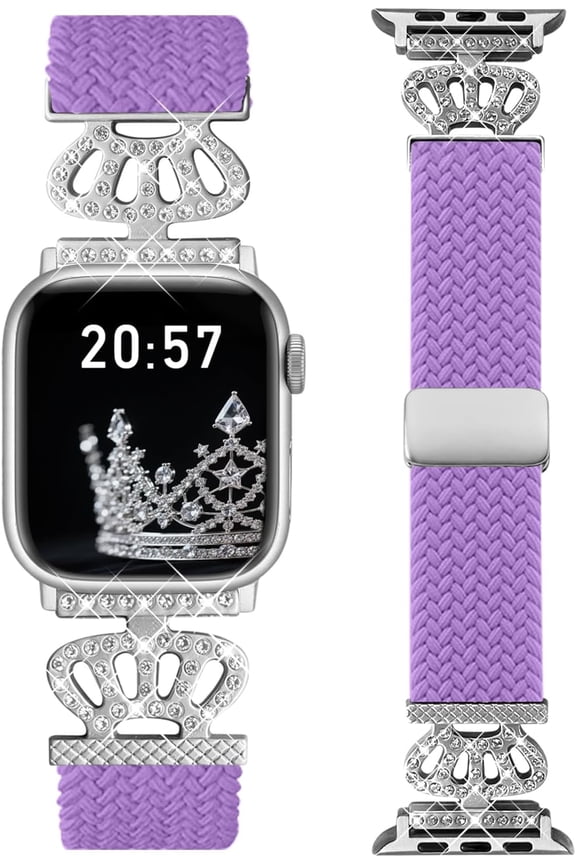 -Braided Band Compatible with Apple Watch Bands 40mm 38mm 41mm 42mm 44mm 45mm 46mm 49mm,Magnetic Soft Nylon Stretchy Strap with Designer Bling Crown Strap for Series 10/9/8/7/6/5/4/3/2/SE/Ultr