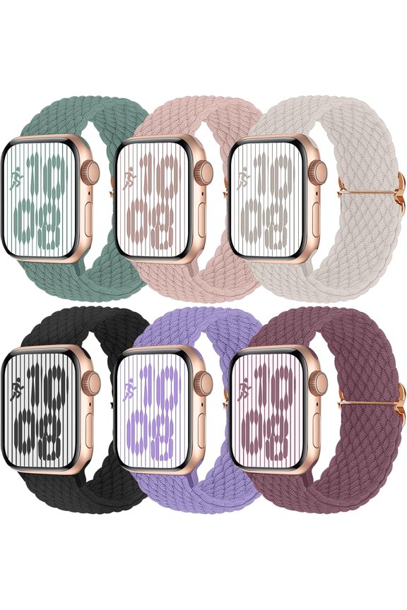 -Braided Solo Loop Compatible with Apple Watch Band, 38mm-49mm, Women Men, Adjustable Stretchy Nylon Wristband Strap for iWatch Series 1-10, 6pack