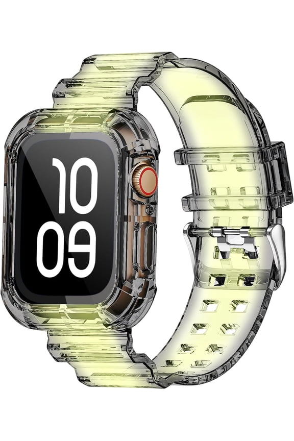 -Clear Watch Band for Apple Watch 45mm 42mm 44mm with Protective case, Replacement Strap for iWatch SE Series 9 8 7 6 5 4 3 2 1 with Bumper Case Men Women(black-yellow)
