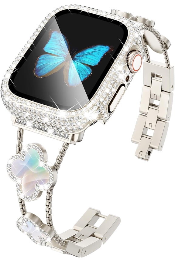 -Compatible for Apple Watch Series 10 46mm/42mm Series 9 8 7 45mm/41mm Series 6 5 4 SE 44mm/40mm Series 3 2 1 42mm/38mm, Sparkling Bling Diamond Band with Full Diamonds Case
