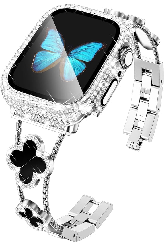 -Compatible for Apple Watch Series 10 46mm/42mm Series 9 8 7 45mm/41mm Series 6 5 4 SE 44mm/40mm Series 3 2 1 42mm/38mm, Sparkling Bling Diamond Band with Full Diamonds Case