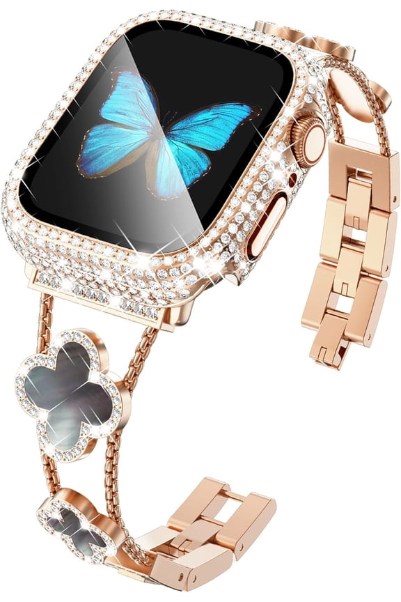 -Compatible for Apple Watch Series 11/10 46mm/42mm Series 9/8/7 45mm/41mm Series 6/5/4/SE 44mm/40mm Series 3/2/1 42mm/38mm, Sparkling Bling Diamond Band with Full Diamonds Case