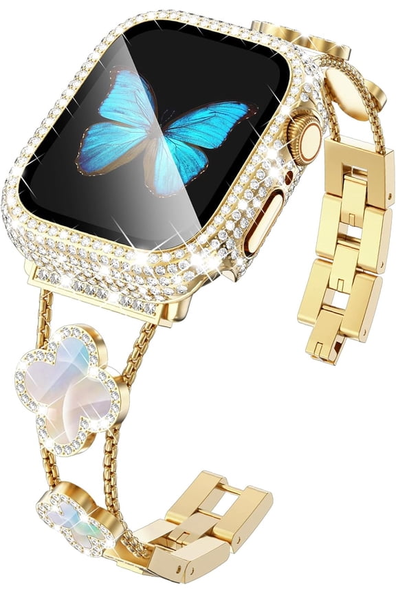 -Compatible for Apple Watch Series 11/10 46mm/42mm Series 9/8/7 45mm/41mm Series 6/5/4/SE 44mm/40mm Series 3/2/1 42mm/38mm, Sparkling Bling Diamond Band with Full Diamonds Case