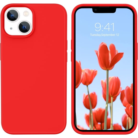 PLUMYHG-Compatible with iPhone 13 Case 6.1 Inch Liquid Silicone Soft Gel Rubber Slim Thin Microfiber Lining Cushion Texture Cover Shockproof Protective Phone Case for iPhone 13, Red