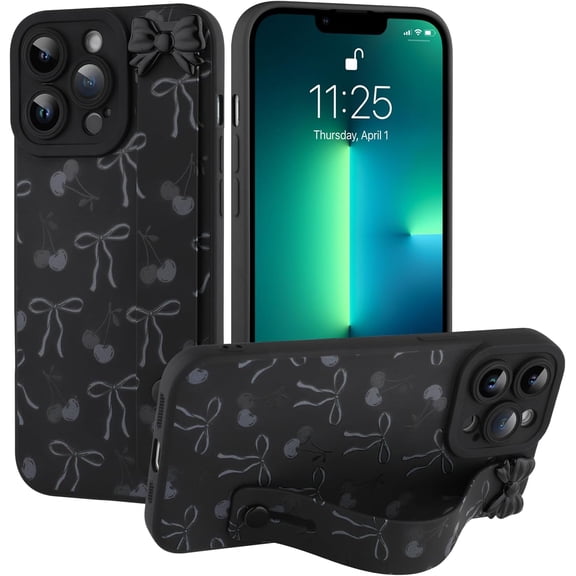 PLUMYHG-Compatible with iPhone 13 Pro Max Case for Girls Women, Gray Cherry Bow Ribbon Bowknot Design, Built in Adjustable Wrist Strap Grip Hand Holder Kickstand Soft Silicone Cover, Black
