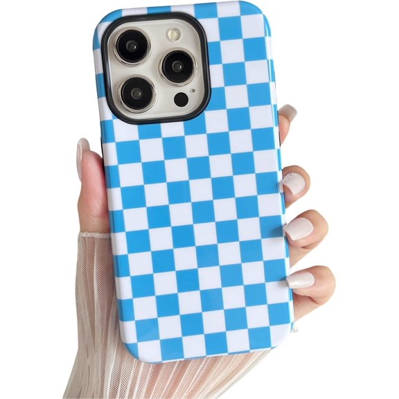 PLUMYHG-Compatible with iPhone 15 Pro Case Cute Aesthetic Checkerboard Checkered Phone Case for Women Girl Shockproof Slim TPU and Hard PC Protective Cover (Blue)