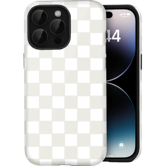 PLUMYHG-Compatible with iPhone 15 Pro Max Case Cute Checkered Aesthetic Retro Design for Women Girls Fall Simple Chic Girly Pretty Dual Layer Hybrid Protection Elegant Case, White
