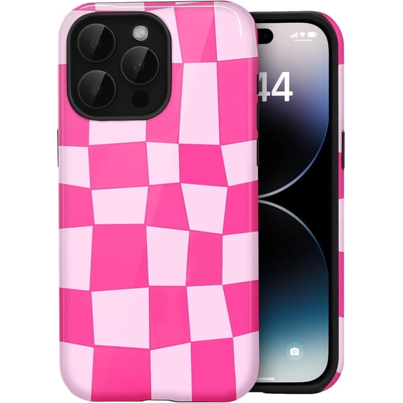 PLUMYHG-Compatible with iPhone 15 Pro Max Case Cute Checkered Aesthetic Retro Design for Women Girls Fall Simple Chic Girly Pretty Dual Layer Hybrid Protection Elegant Case, Hot Pink