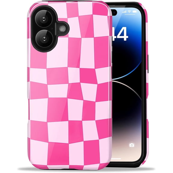 PLUMYHG-Compatible with iPhone 16 Case Cute Checkered Aesthetic Retro Design for Women Girls Fall Simple Chic Girly Pretty Dual Layer Hybrid Protection Elegant Case, Hot Pink