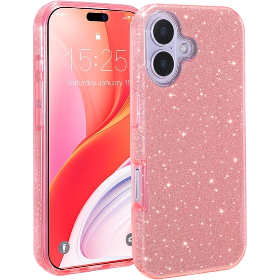 PLUMYHG-Compatible with iPhone 17 Case 6.3'' [2025], Glitter Bling Trendy Sparkle Protective 3-Layer Shockproof Anti-Scratch Cover for Girls Women -Pink