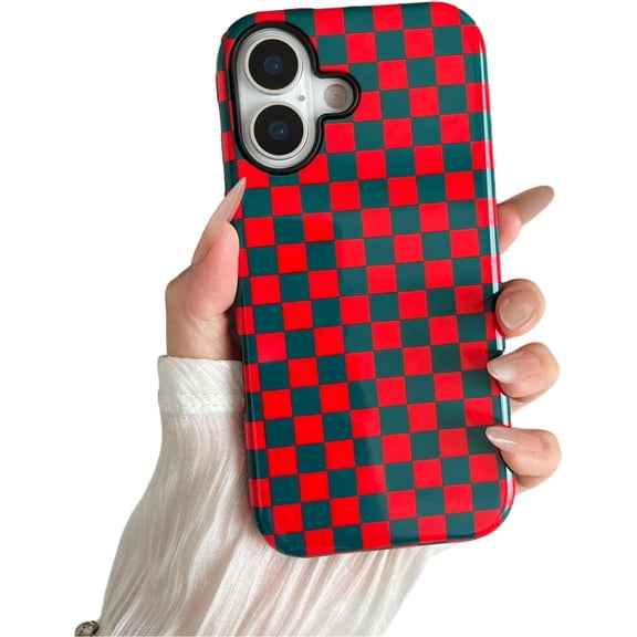 PLUMYHG-Compatible with iPhone 17 Case Cute Aesthetic Checkerboard Checkered Phone Case for Women Girl Shockproof Slim TPU and Hard PC Protective Cover (Green/Red)