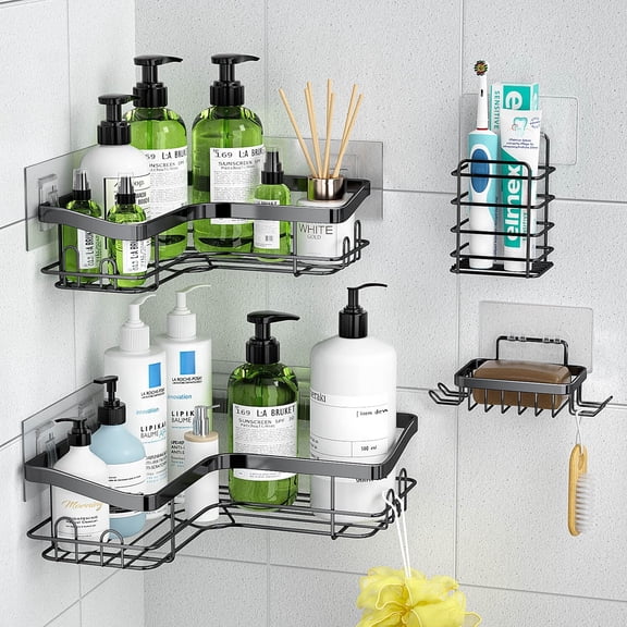 PLUMYHG-Corner Shower Caddy, 4 Pack Adhesive Shower Organizer with 12 Hooks, No Drilling Rustproof Stainless 2 Pcs Shower Shelves with 1 Pc Soap Holder & 1 Pc Toothbrush Holder for Bathroom, Black