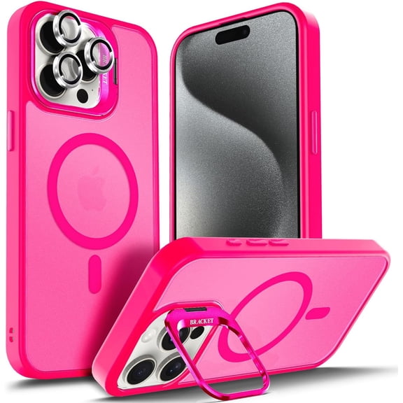 PLUMYHG-Designed for iPhone 16 Pro-Max Case, Hot Pink | Magnetic Compatible with MagSafe | Built-in Stand & Camera Lens Protector | Anti-Yellowing & Scratch-Resistant Back Cover