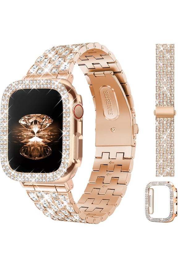 -Diamond Bands with Bling Case Women Compatible with Apple Watch 40mm 38mm 41mm 44mm 45mm 42mm 46mm 49mm Luxury Metal Bracelet Replacement Strap for iWatch Series 11/10/9/8/7/6/5/4 SE/Ultra 3/