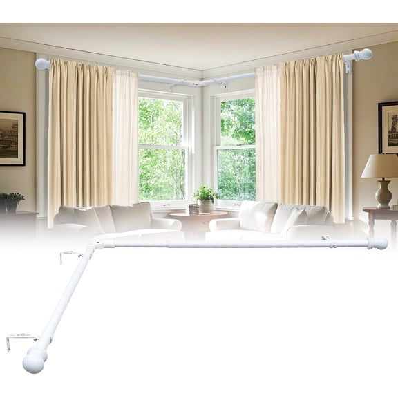 PLUMYHG-Foldable L-Shaped Corner Window Curtain Rod - Telescoping Adjustable 27-68 inch for Bay/Right Angle Windows, 1INCH Heavy-Duty Rustproof Metal Pole (White)