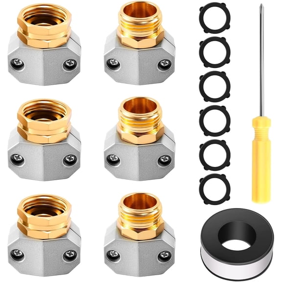 PLUMYHG-Garden Hose Repair Kit,3 Set Water Hose End Mender with 6 Washers and Sealing Tape, Brass Male and Female Fittings Water Hose Repair Fittings Fit 3/4 Inch And 5/8 Inch Garden Hose