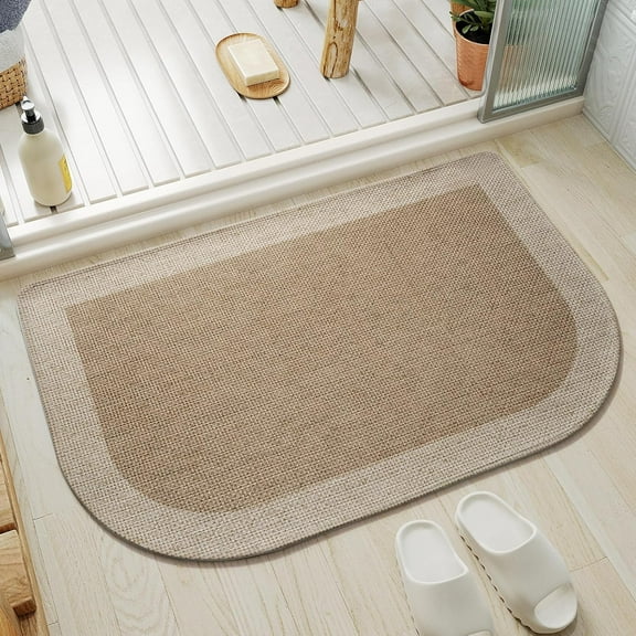 PLUMYHG-Half Circle Bath Mat, Thin Bathroom Rugs Fit Under Door Quick Dry Non Slip Washable Bathroom Mat with Rubber Backing, Absorbent Half Round Shower Rug, Brown Beige 16x24