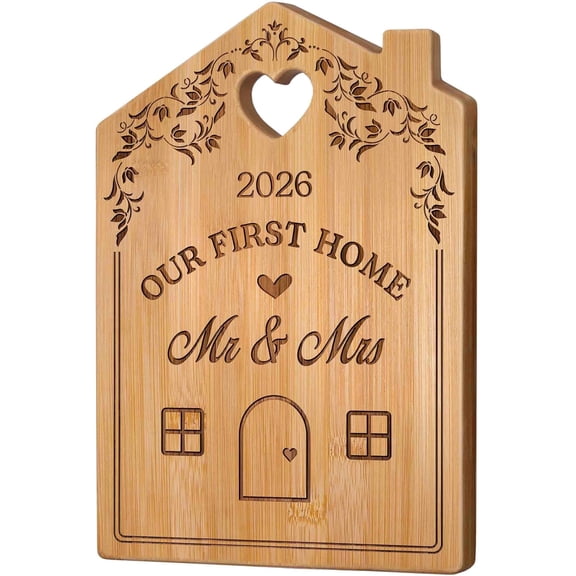 PLUMYHG-Housewarming Gifts New Home Gift Ideas, House Warming Gifts New Home New Apartment Party Decorations - Engraved Bamboo Cutting Board 12.3"L X 8.7"W X 0.4"Th (Our First Home)