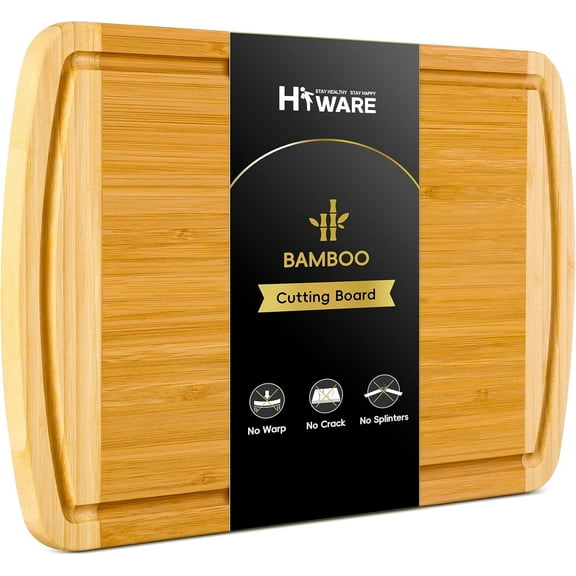 PLUMYHG-Large Wooden Cutting Board for Kitchen Meal Prep & Serving - Bamboo Cutting Boards with Juice Groove Side Handles, Charcuterie & Chopping Butcher Block - 100% Organic Bamboo, Pre Oiled, 16" x