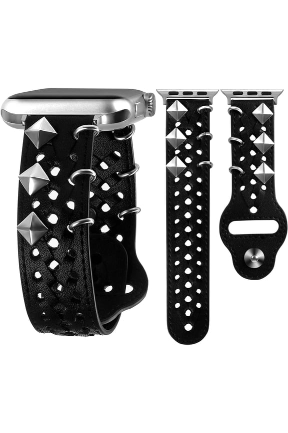 -Leather Band Compatible with Apple Watch Band 49mm 45mm 44mm 42mm 41mm 40mm 38mm Series Ultra SE 9 8 7 6 5 4 3 2 for Women Black, Western Smart Watch Bracelet for Men, Goth Studded Designer W