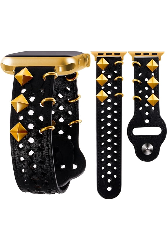 -Leather Band Compatible with Apple Watch Band 49mm 45mm 44mm 42mm 41mm 40mm 38mm Series Ultra SE 9 8 7 6 5 4 3 2 for Women Black, Western Smart Watch Bracelet for Men, Goth Studded Designer W