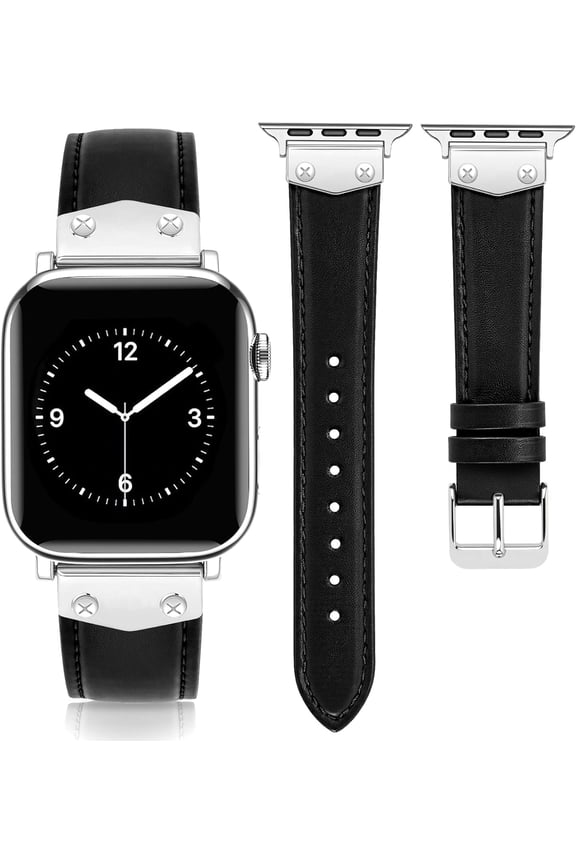 -Leather Band Compatible with Apple Watch Bands Women 38mm 40mm 41mm 42mm 44mm 45mm 46mm 49mm, Top Genuine Leather Strap with Studded Metal Charms for iWatch SE Series 11/10/9/8/7/6/5/4/3/2/1