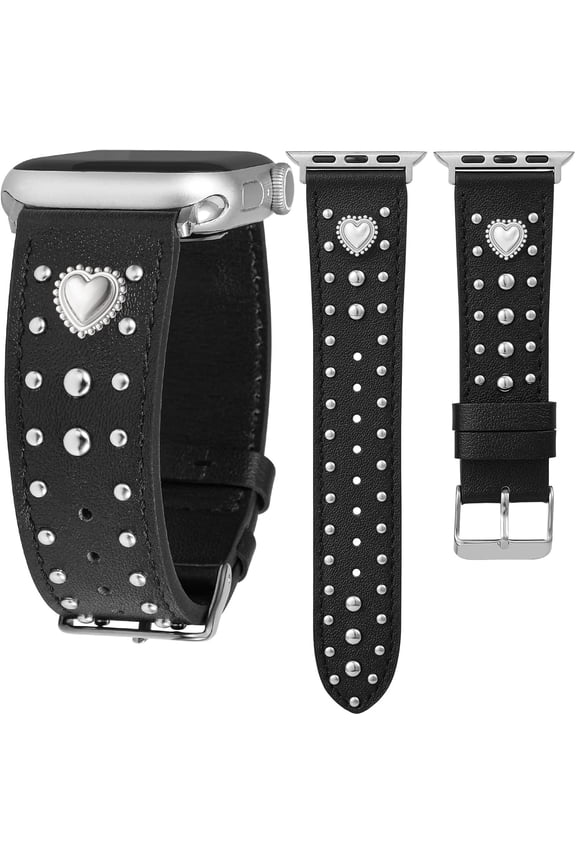 -Leather Band Compatible with Apple Watch Bands Women 42/46/38/40/41/44/45/49mm, Dressy Fancy Designer Pretty Heart Charms Studded Strap for iWatch Series 11 10 9 8 7 6 5 4 SE/Ultra 3 2 1