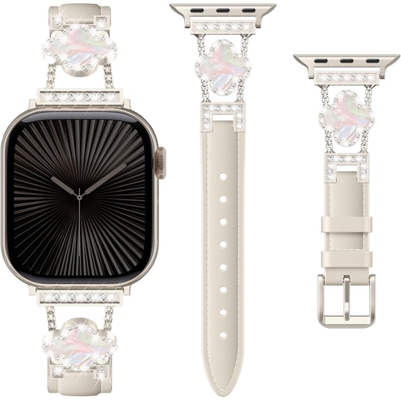 PLUMYHG-Leather Band Compatible with Apple Watch Bands for Women 42mm 44mm 45mm 46mm 49mm,Dressy Slim Thin Cute Bracelet with Bling Buckle Metal Link Chain for iWatch 11 10 9 8 7 6 5 4 3 SE Ultra 3/2