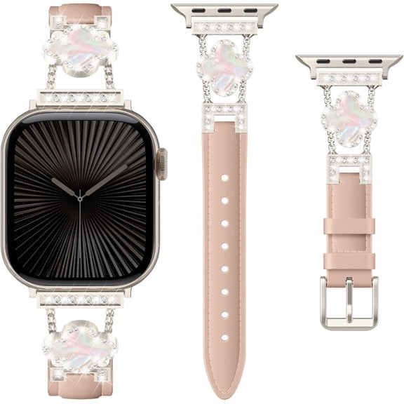 PLUMYHG-Leather Band Compatible with Apple Watch Bands for Women 42mm 44mm 45mm 46mm 49mm,Dressy Slim Thin Cute Bracelet with Bling Buckle Metal Link Chain for iWatch 11 10 9 8 7 6 5 4 3 SE Ultra 3/2