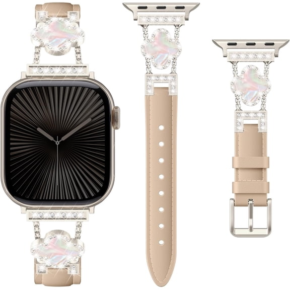 PLUMYHG-Leather Band Compatible with Apple Watch Bands for Women 42mm 44mm 45mm 46mm 49mm,Dressy Slim Thin Cute Bracelet with Bling Buckle Metal Link Chain for iWatch 11 10 9 8 7 6 5 4 3 SE Ultra 3/2
