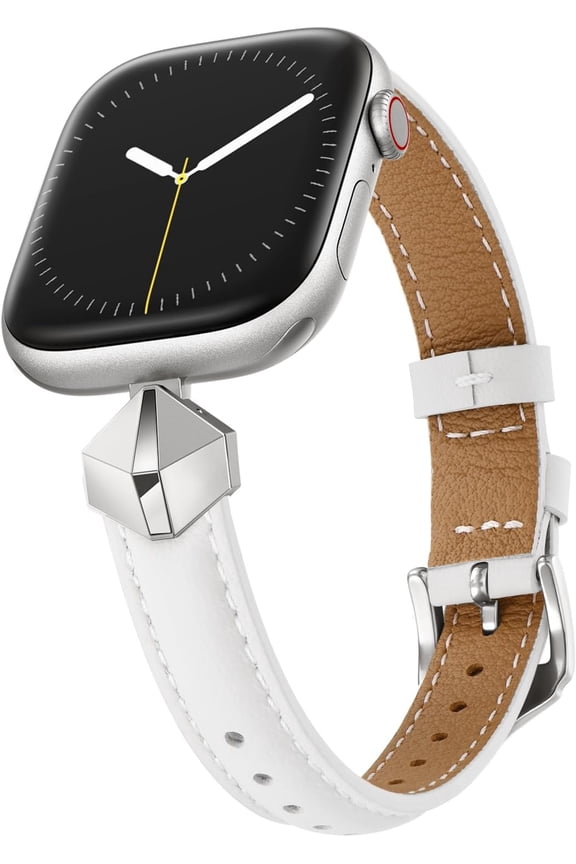 -Leather Band Compatible with Apple Watch Bands Women 49mm 46mm 45mm 44mm 42mm(Series 3 2 1),Dressy Slim Grain Genuine Leather band for iWatch Ultra SE Series 11/10/9/8/7/6/5/4/3/2/1-White/Sil