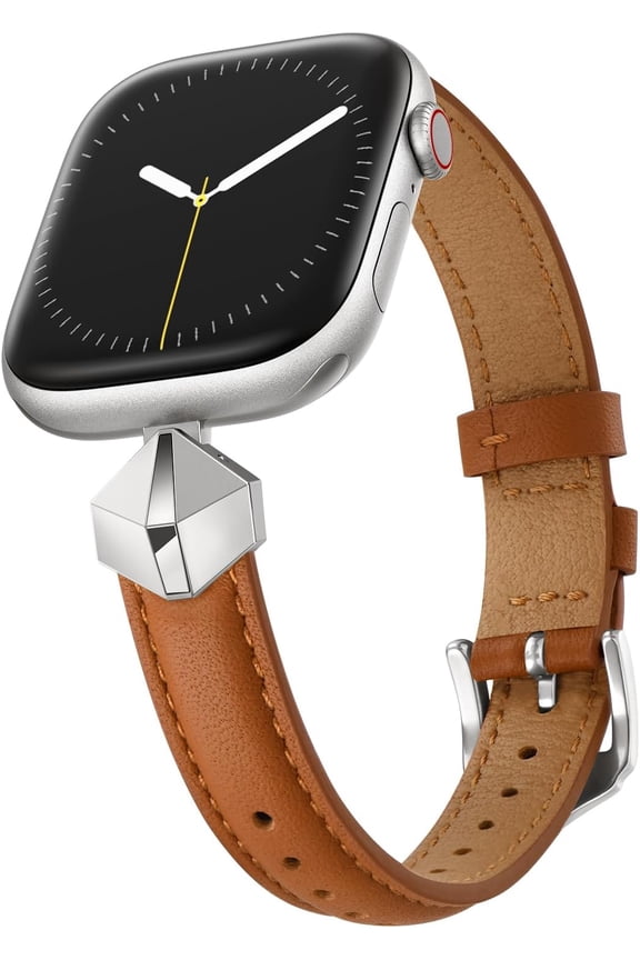 -Leather Band Compatible with Apple Watch Bands Women 49mm 46mm 45mm 44mm 42mm(Series 3 2 1),Dressy Slim Grain Genuine Leather band for iWatch Ultra SE Series 11/10/9/8/7/6/5/4/3/2/1-Brown/Sil