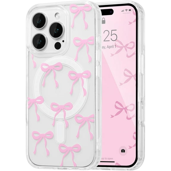 PLUMYHG-Magnetic for iPhone 12 Pro Max Case, Bow Case Compatible with MagSafe, Wireless Slim Clear Ribbon Aesthetic Phone Cover Anti-Yellowing Shockproof Protective Cover for Women Girl - Pink