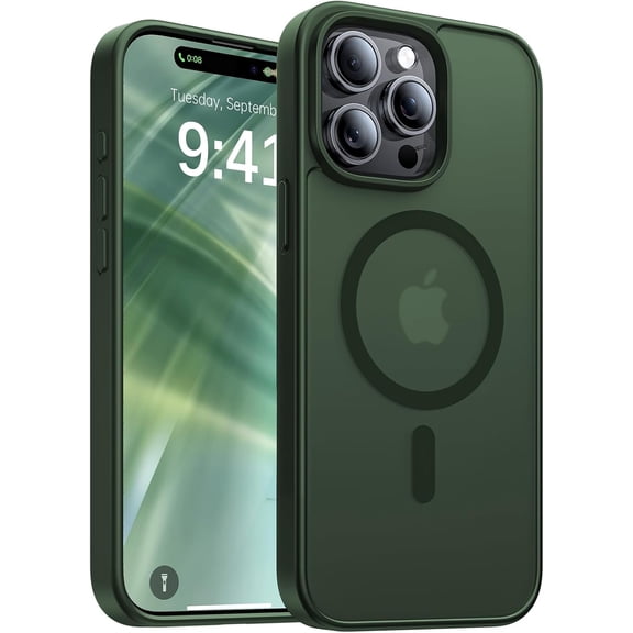 PLUMYHG-Magnetic for iPhone 15 Pro Case,[Compatible with MagSafe][Military-Grade Drop Protection][Anti-Yellowing]Shockproof Protective Translucent Matte Cover for iPhone 15 Pro Phone Case,Forest Gree