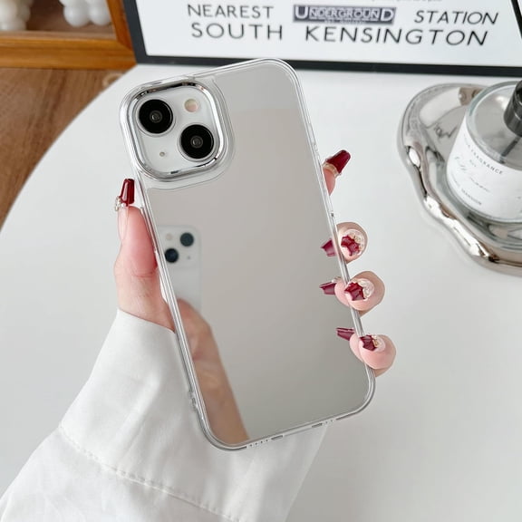 PLUMYHG-Mirror Case for iPhone 15, Mirror for Girls Women Makeup, Cute Glossy Hard Back+Clear Soft TPU Bumper Slim Fit Anti-Drop Shockproof Protective Case for iPhone 15