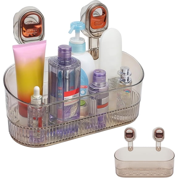 PLUMYHG-No-drill Bathroom Suction Storage Box, Large Capacity Rack Basket for Kitchen, Adhesive Wall Heavy Duty Strong Load-Bearing Organizer Shelves Clear Cup Shower Caddy Hanging Shelf, Gold Glacie