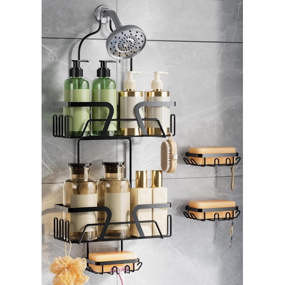 PLUMYHG-Over the Shower Head Caddy with Soap Holder - Black Shower Caddy Hanging for Bathroom Organization(Space Saving, Hanging Organizer)