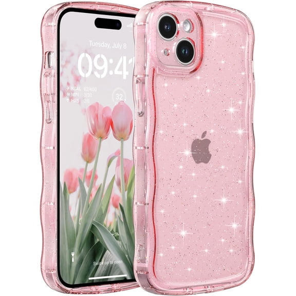 PLUMYHG-Phone Case for iPhone 15 Plus,Cute Clear Curly Wavy Frame Wave Case with Sparkly Bling Glitter,Non-Yellowing Transparent Acrylic Hard PC Cover for iPhone 15 Plus,Glitter Clear Pink