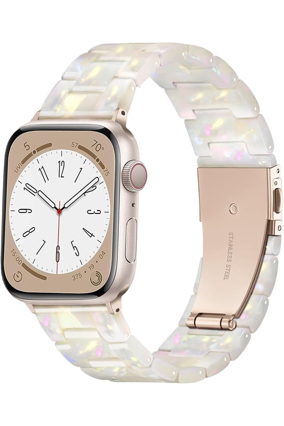 -Resin Strap Compatible with Apple Watch Band 40mm 38mm 41mm Series 9/8/7/6/5/4/3/2/1/SE Women Men, Lightweight and Durable iWatch Stylish Bracelet Replacement Bands with Rose Gold Stainless S