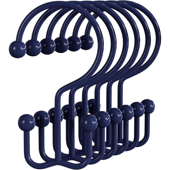 PLUMYHG-Shower Curtain Hooks Blue Shower Curtain Rings, 12 Pcs Double Hook Shower Curtain Hooks Rings Shower Curtain Hangers Rust Proof, Metal Shower Hooks for Bathroom Shower Curtain Rod
