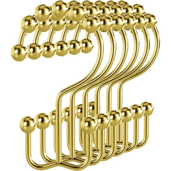 PLUMYHG-Shower Curtain Hooks Gold Shower Curtain Rings, 12 Pcs Double Hook Shower Curtain Hooks Rings Rust Shower Curtain Hangers Proof, Metal Shower Hooks for Bathroom Shower Curtain Rod