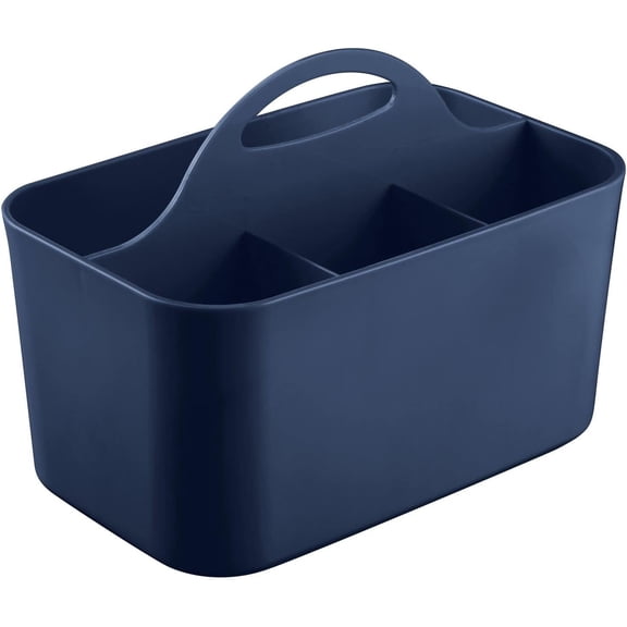 PLUMYHG-Small Plastic Shower/Bath Storage Organizer Caddy Tote with Handle for Dorm, Shelf, Cabinet - Hold Soap, Shampoo, Conditioner, Combs, Brushes, Lumiere Collection, Navy Blue