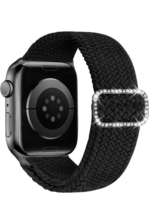 -Stretchy Solo Loop Compatible with Apple Watch Band 42mm 41mm 40mm 38mm Women, Nylon Strap with Bling Pearl and Diamond Buckle for iWatch Series 11 10 9 8 7 6 5 4 3 2 1 SE (Black/Black)