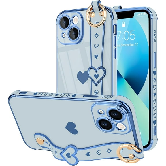 PLUMYHG-for iPhone 13 Case Cute Love-Heart Plating Strap Phone Cover for Women Girls Bling Soft Silicone Camera Lens Protection Bumper Shockproof Phone Case for iPhone 13 (6.1'')-Sky Blue
