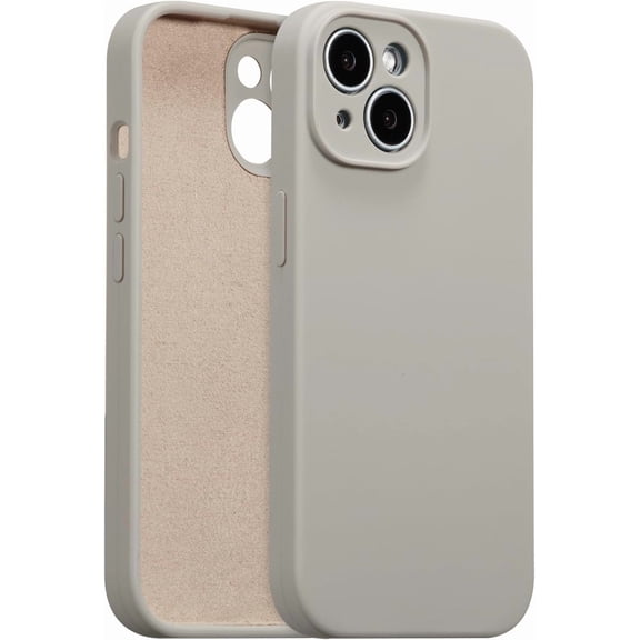 PLUMYHG-for iPhone 13 Case Silicone,with [Full Camera Protection][Soft Anti-Scratch Microfiber Lining],Liquid Silicone Ultra Slim Shockproof Phone Case for Men Women Girls-Stone