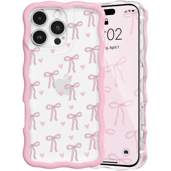PLUMYHG-for iPhone 13 Pro Max Pink Bow Case, Clear Cute Pink Ribbon Bow Phone Case Curly Wavy Aesthetic Phone Cover, Soft Slim Transparent TPU Shockproof Protective Cover for Women Girls - Love Bow