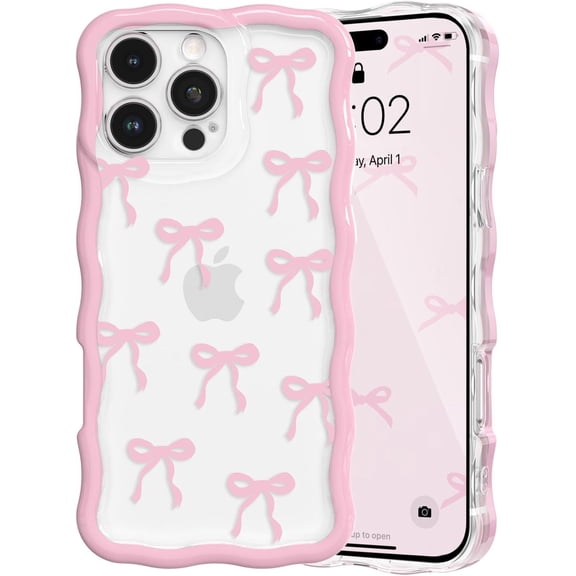 PLUMYHG-for iPhone 13 Pro Max Pink Bow Case, Clear Cute Pink Ribbon Bow Phone Case Curly Wavy Aesthetic Phone Cover, Soft Slim Transparent TPU Shockproof Protective Cover for Women Girls - Ribbon Bow