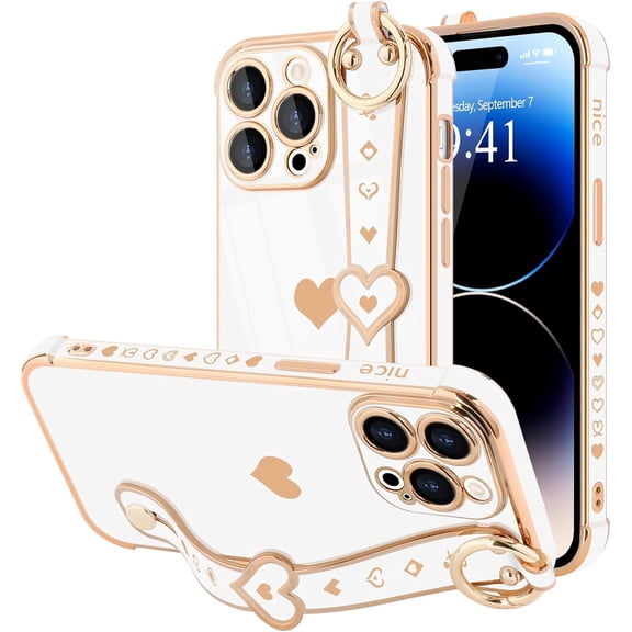PLUMYHG-for iPhone 14 Pro Max Case Cute Love-Heart Plating Strap Phone Cover for Women Girls Bling Silicone Camera Lens Protection Bumper Shockproof Phone Case for iPhone 14 Pro Max (6.7'')-White