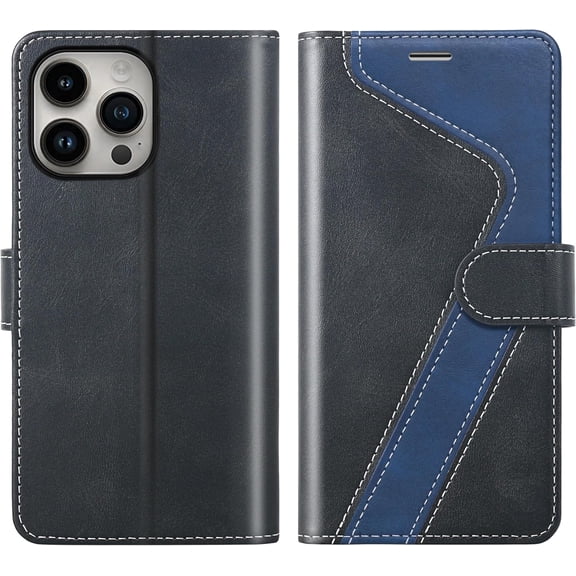 PLUMYHG-for iPhone 15 Pro Max(6.7inch) Wallet Case,Leather Flip Case RFID Blocking Credit Card Holder Folio Magnetic Stand TPU Shockproof Cover Compatible with iPhone 15 Pro Max Black Blue